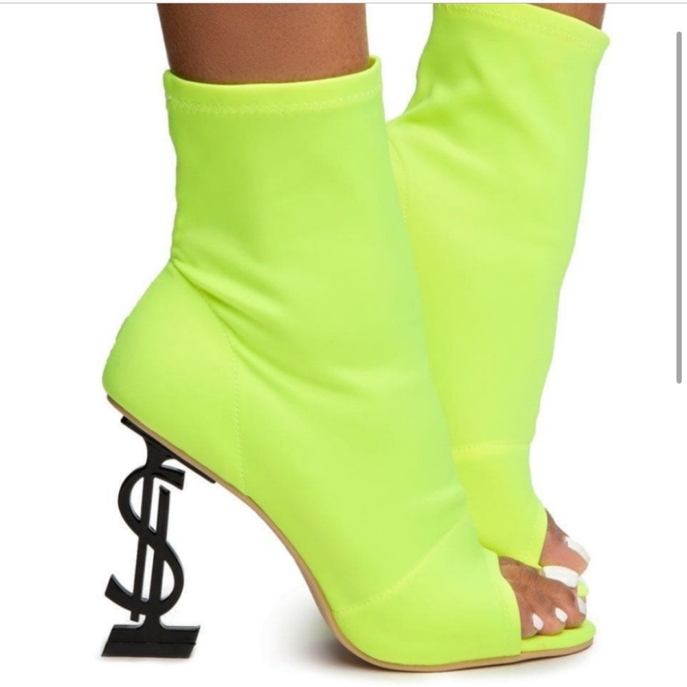Yves Saint Laurent Neon Lime Sock Bootie Heels with YSL Logo Heel